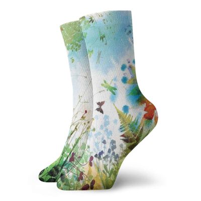 GULTMEE Fashion Compression Socks,Ferns Petals Flourishing Nature Fantasy Complex Mixed Digital Watercolors Image,Performance Polyester Cushioned Athletic Crew Socks for Running,Athletic, -12 inch