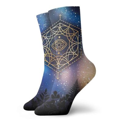 GULTMEE Fashion Compression Socks,Hexagon Form With The Eye Icon In The Centre On Starry Night Mystic Image,Performance Polyester Cushioned Athletic Crew Socks for Running,Athletic, -12 inch
