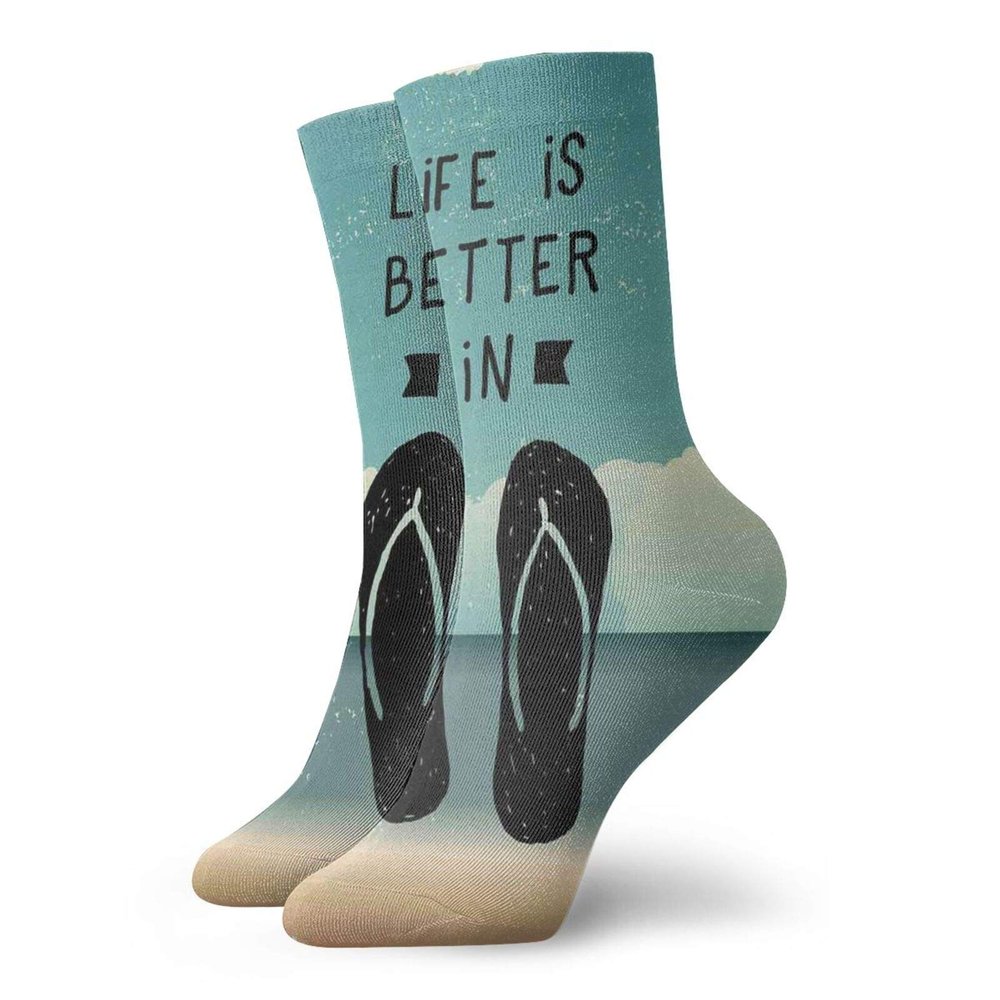 GULTMEE Funky Colorful Cushion Sport Socks,Scribbled Hand Drawn Style Beach Sandals With A Message On Oceanic Background,Athletic Cushioned Running Performance Crew Socks For Men/Women, -12 inch