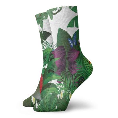 Funky Colorful Cushion Sport Socks,Jungle Themed Cartoon Design With Blooming Flowers And Butterflies Tropical Pattern,Athletic Cushioned Running Performance Crew Socks For Men/Women, -12 inch