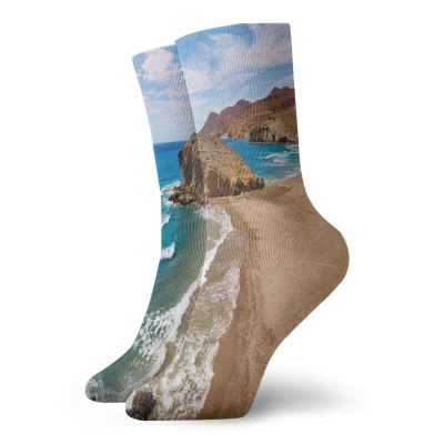 GULTMEE Funny Compression Socks Women and Men,Ocean View Tranquil Beach Cabo De Gata Spain Coastal Photo Scenic Summer Scenery,Best for Circulation,Running,Athletic,Nurse,Travel, -12 inch