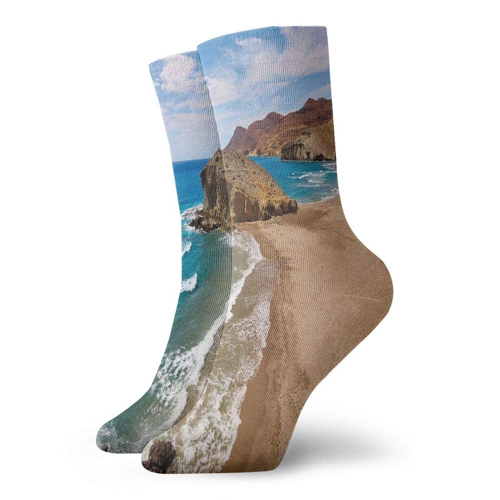 GULTMEE Funny Compression Socks Women and Men,Ocean View Tranquil Beach Cabo De Gata Spain Coastal Photo Scenic Summer Scenery,Best for Circulation,Running,Athletic,Nurse,Travel, -12 inch