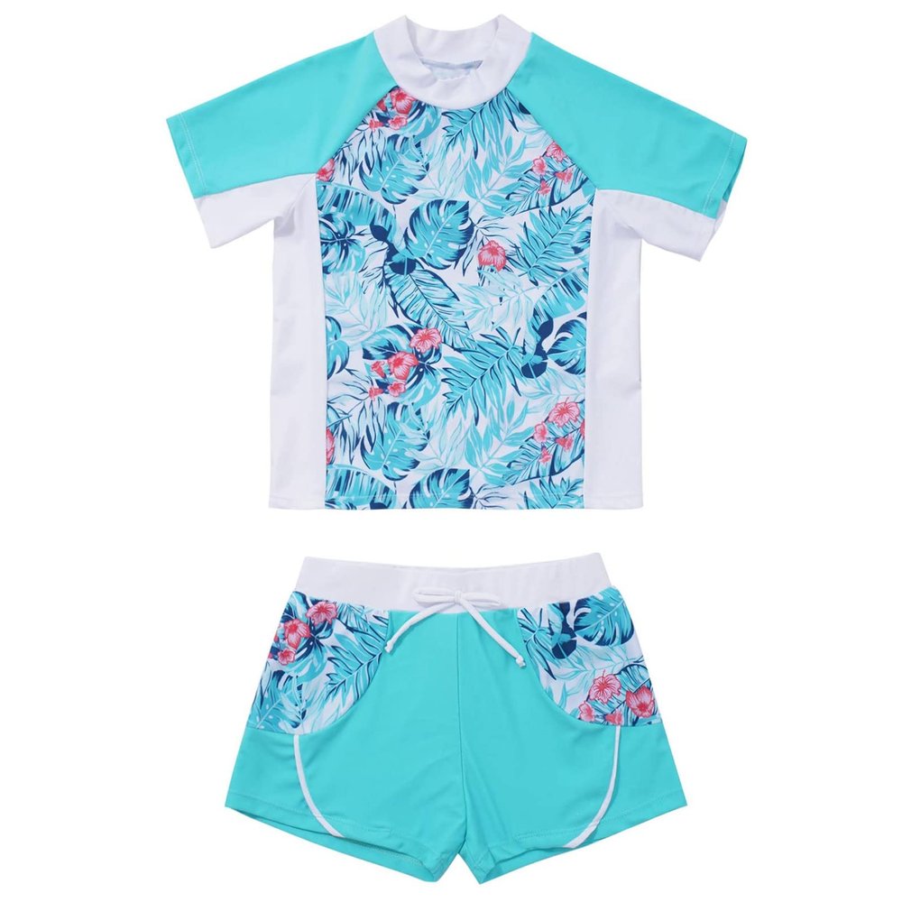Moily Little/Big Girls Floral Rash Guard Tankini Sets Swim Shirt Top with Shorts Sun Protection Swimsuit Turquoise 10-12