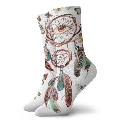 GULTMEE Funky Colorful Cushion Sport Socks,Dream Catcher With Butterflies And All Seeing Eye Ethnic Ancient Watercolor Style,Athletic Cushioned Running Performance Crew Socks For Men/Women, -12 inch