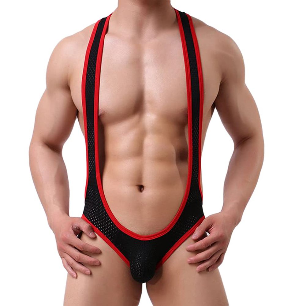 Familyhouse Mens Sexy Suspender Wrestling Singlet High Cut Leotard One Piece Jockstrap Jumpsuit Bodysuit Underwear (Black,XXL)