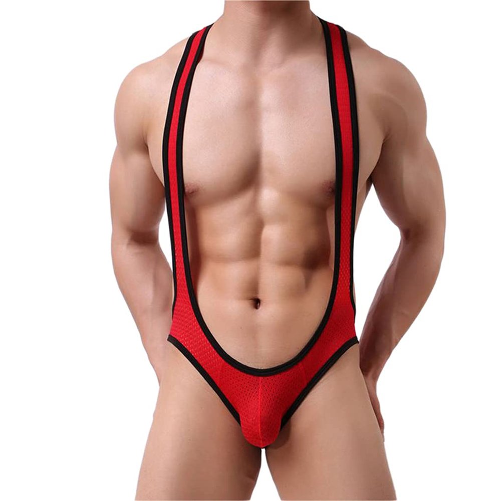 Familyhouse Mens Sexy Suspender Wrestling Singlet High Cut Leotard One Piece Jockstrap Jumpsuit Bodysuit Underwear (Red,XXL)