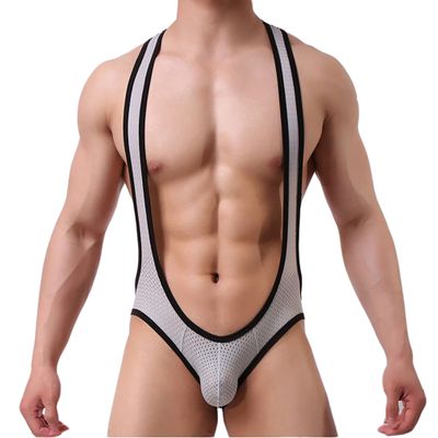 Familyhouse Mens Sexy Suspender Wrestling Singlet High Cut Leotard One Piece Jockstrap Jumpsuit Bodysuit Underwear (Grey,XL)