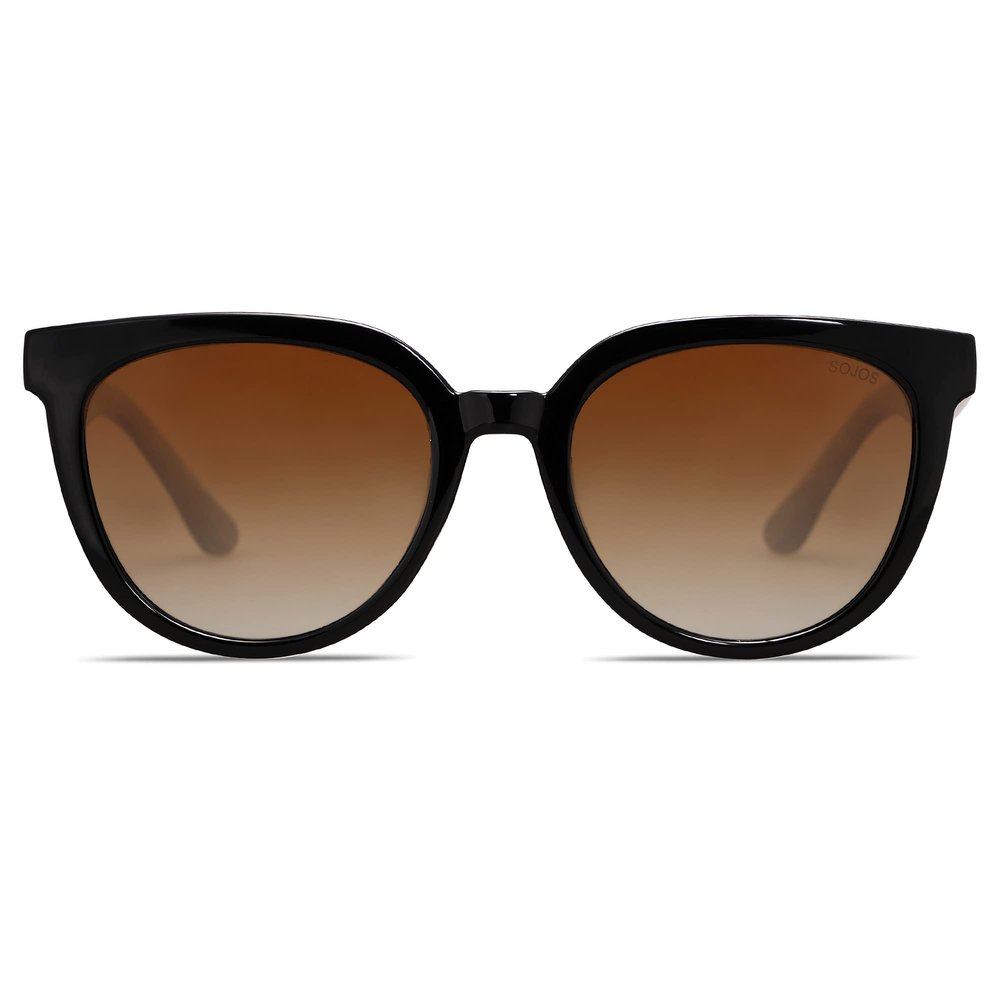 SOJOS Trendy Cat Eye Round Polarized Sunglasses for Women Fashion UV Protection Sunnies Sunglasses SJ2175, Black Frame/Brown Grading Lens with Tortoise Temple