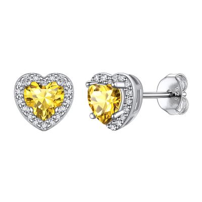 Suplight Birthstone Love Heart Earrings for Women Sterling Silver Minimalist Citrine November Crystal Flat Back Earrings Women's Jewelry for Holiday Wedding Everyday Best Wife Presents
