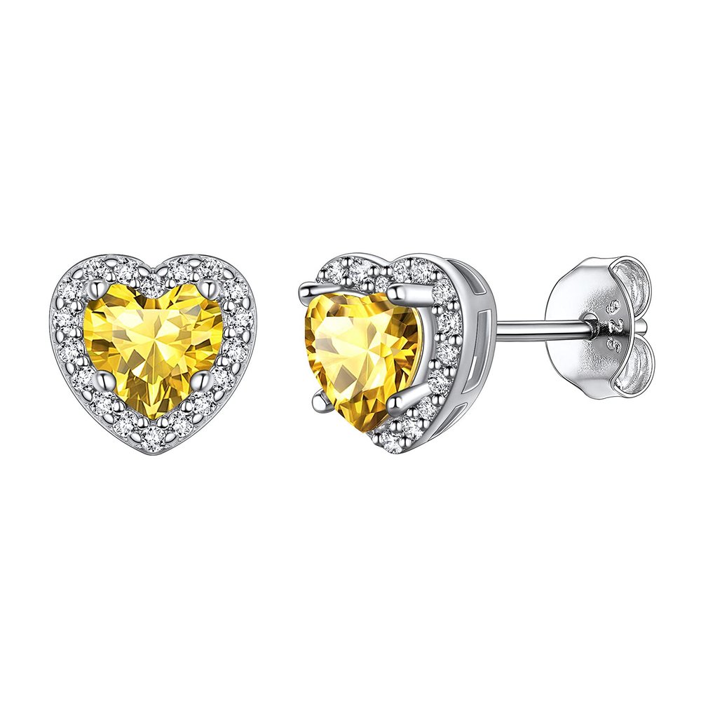 Suplight Birthstone Love Heart Earrings for Women Sterling Silver Minimalist Citrine November Crystal Flat Back Earrings Women's Jewelry for Holiday Wedding Everyday Best Wife Presents