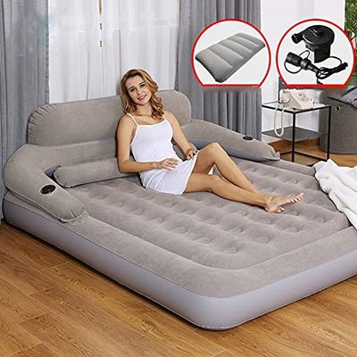 LANGWEI Camping Air Mattress, 9" Raised Inflatable Air Sofa Bed Portable Comfort Airbed with Removable Backrest and Pump for Home/Camping/Travel/Housewarming Gifts,King