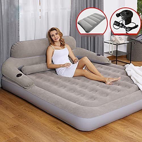 LANGWEI Camping Air Mattress, 9" Raised Inflatable Air Sofa Bed Portable Comfort Airbed with Removable Backrest and Pump for Home/Camping/Travel/Housewarming Gifts,King