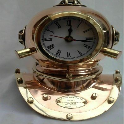 Copper Brass Designer Diving Divers~ Helmet Clock W/ Wooden Base Gift.