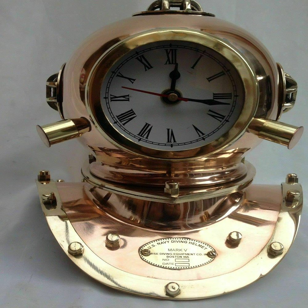 Copper Brass Designer Diving Divers~ Helmet Clock W/ Wooden Base Gift.