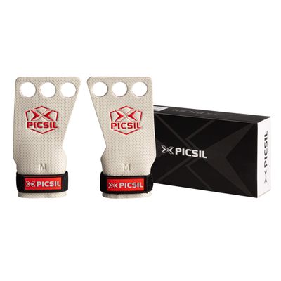 PICSIL Azor Grips, Workout Grips with Increased Magnesium Retention, Light and Resistant Unisex Hand Grips for Weightlifting and Gymnastics, Blocks Rips and Blisters, 3 Holes, White, Medium