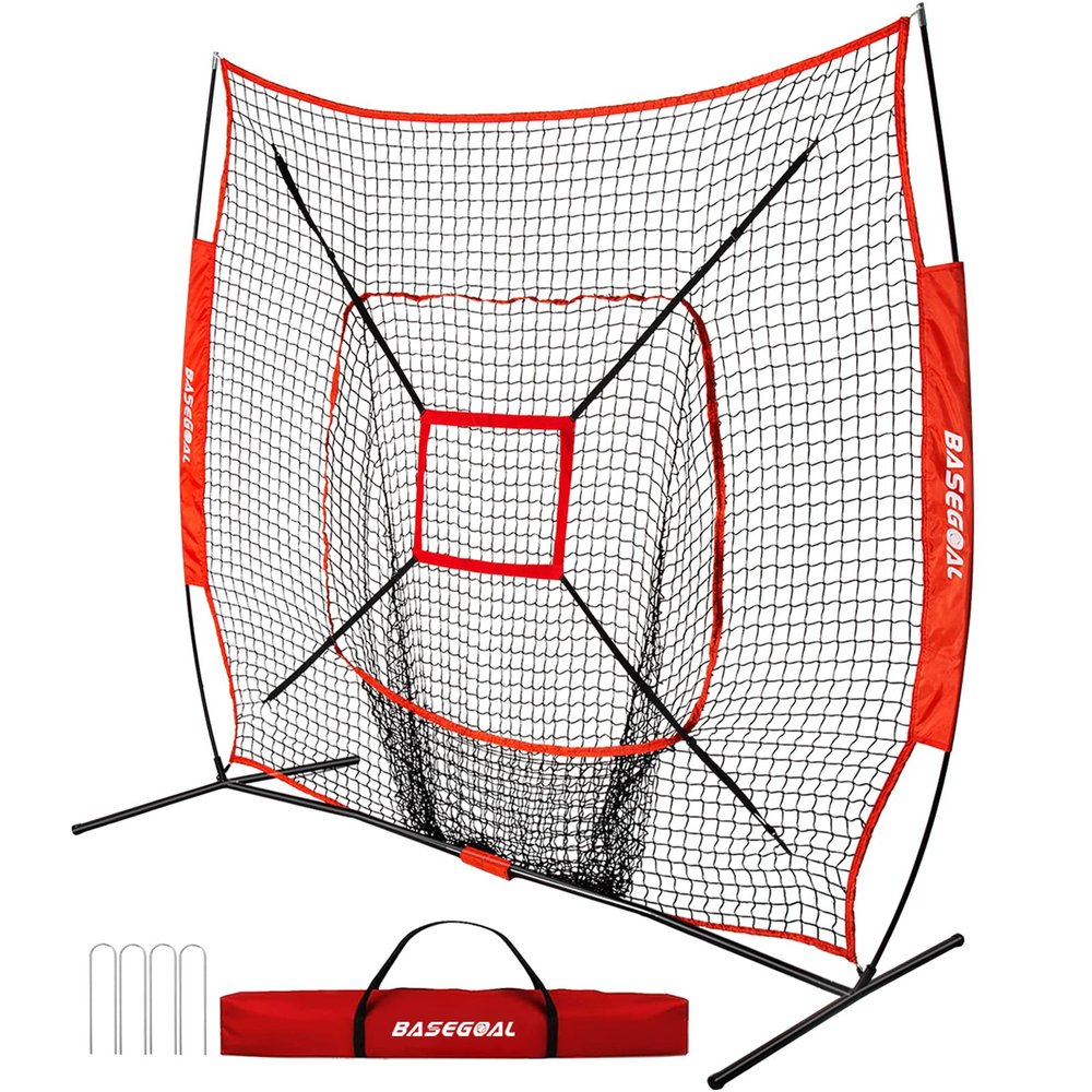 BaseGoal 7'7' Baseball Softball Practice Net,Baseball Backstop,for Hitting Pitching Batting Catching with Bow Frame,Bonus Strike Zone (Red)