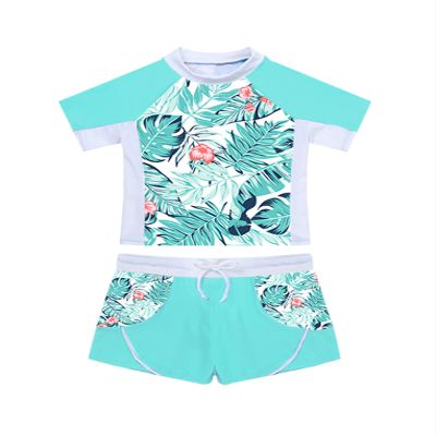Hansber Kids Girls 2 Piece Rashguard Tankini Swimsuit Floral Short Sleeve Shirt with Boyshorts Bathing Suit Green 14