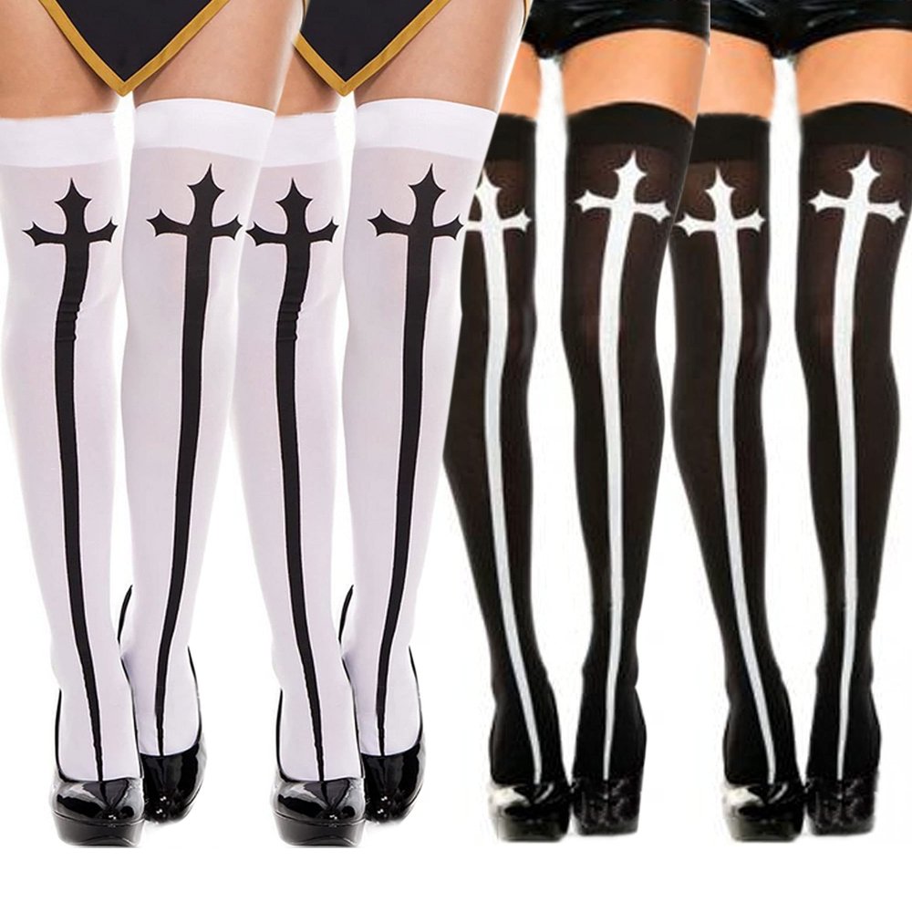LABANCA Women Girls 4 Pairs Halloween Stockings Thigh High Festival Cosplay Socks Gothic Cross Set Knee High Stockings, 2 Black + 2 White