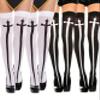 LABANCA Women Girls 4 Pairs Halloween Stockings Thigh High Festival Cosplay Socks Gothic Cross Set Knee High Stockings, 2 Black + 2 White view 1