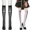 LABANCA Women Girls 4 Pairs Halloween Stockings Thigh High Festival Cosplay Socks Gothic Cross Set Knee High Stockings, 2 Black + 2 White view 2