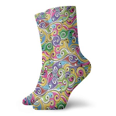 Fashion Compression Socks,Funky Colored Curves With Spiraling Ends Doodle Style Lively Summertime Inspired Art,Performance Polyester Cushioned Athletic Crew Socks for Running,Athletic, -12 inch