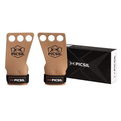 PICSIL Azor Grips, Workout Grips with Increased Magnesium Retention, Light and Resistant Unisex Hand Grips for Weightlifting and Gymnastics, Blocks Rips and Blisters, 3 Holes, Brown, Large