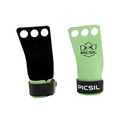 PICSIL Azor Grips, Workout Grips with Increased Magnesium Retention, Light and Resistant Unisex Hand Grips for Weightlifting and Gymnastics, Blocks Rips and Blisters, 3 Holes, Green, Large