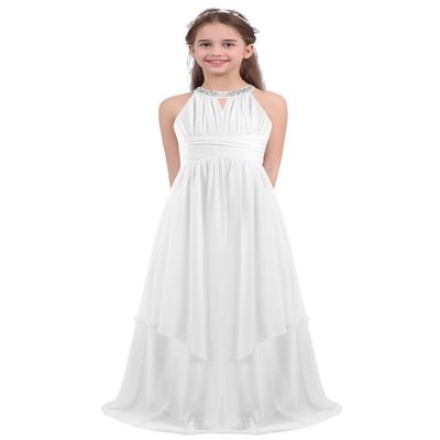 renvena Kids Girls Sequin Halter Neck Chiffon Sleeveless Flower Girl Bridesmaid Wedding Birthday Party Maxi Dress Ivory 8 Years