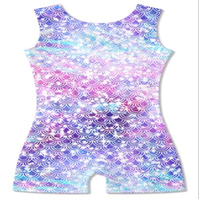 Funnycokid Gymnastics Leotards for Girls with Shorts 3D Graphic Sparkly Biketard Unitards, Mermaid Purple, 9-10 Years