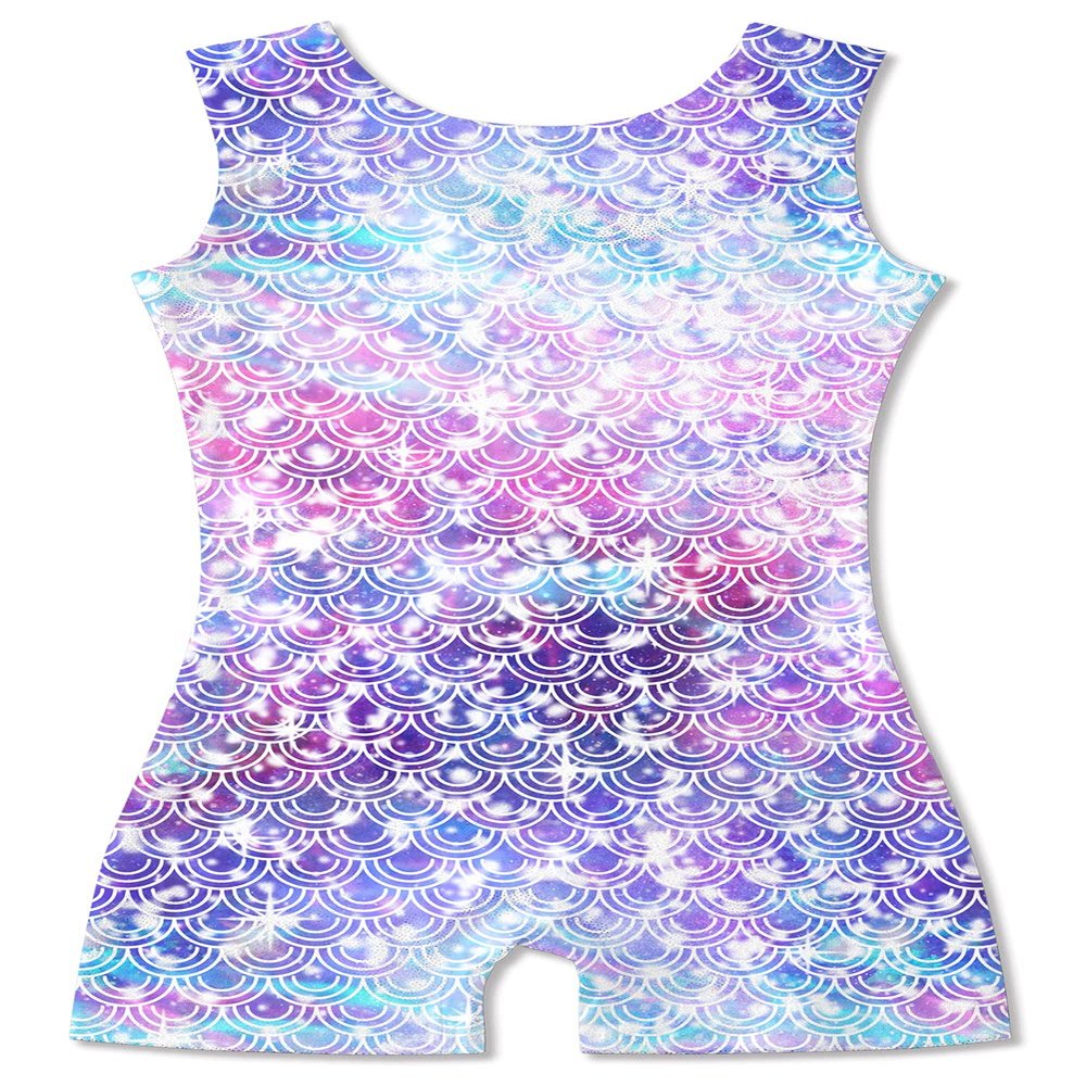 Funnycokid Gymnastics Leotards for Girls with Shorts 3D Graphic Sparkly Biketard Unitards, Mermaid Purple, 9-10 Years