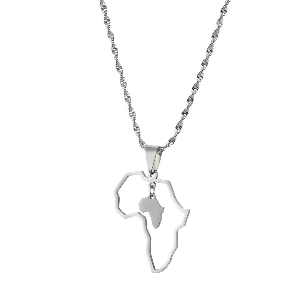Africa Map Pendant Necklaces African of Maps Jewelry Charms Gold Color Africa Map Neckalce (Heart Map Silver)