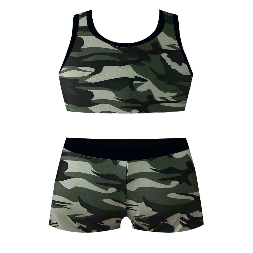 iiniim Kids Girls 2 Piece Tankini Swimsuit Bikini Set Racerback Tank Top Shorts Bathing Suit Swimwear Camouflage Green 14