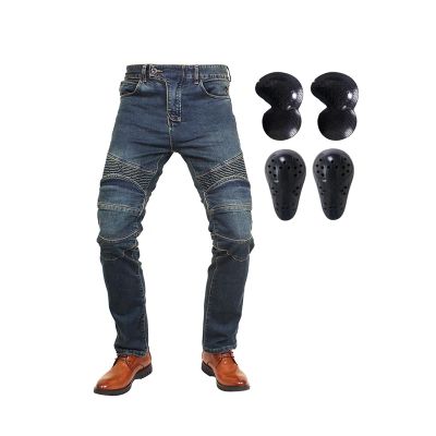 Rider Riding Jeans All-season Motorcycle Pants High Stretch Fabric With 4 Knee And Hip Pads Anti-drop Cycling Pants Used For Outdoor Sports, Equestrianism, Skiing (Color : Blue A, Size : Small)