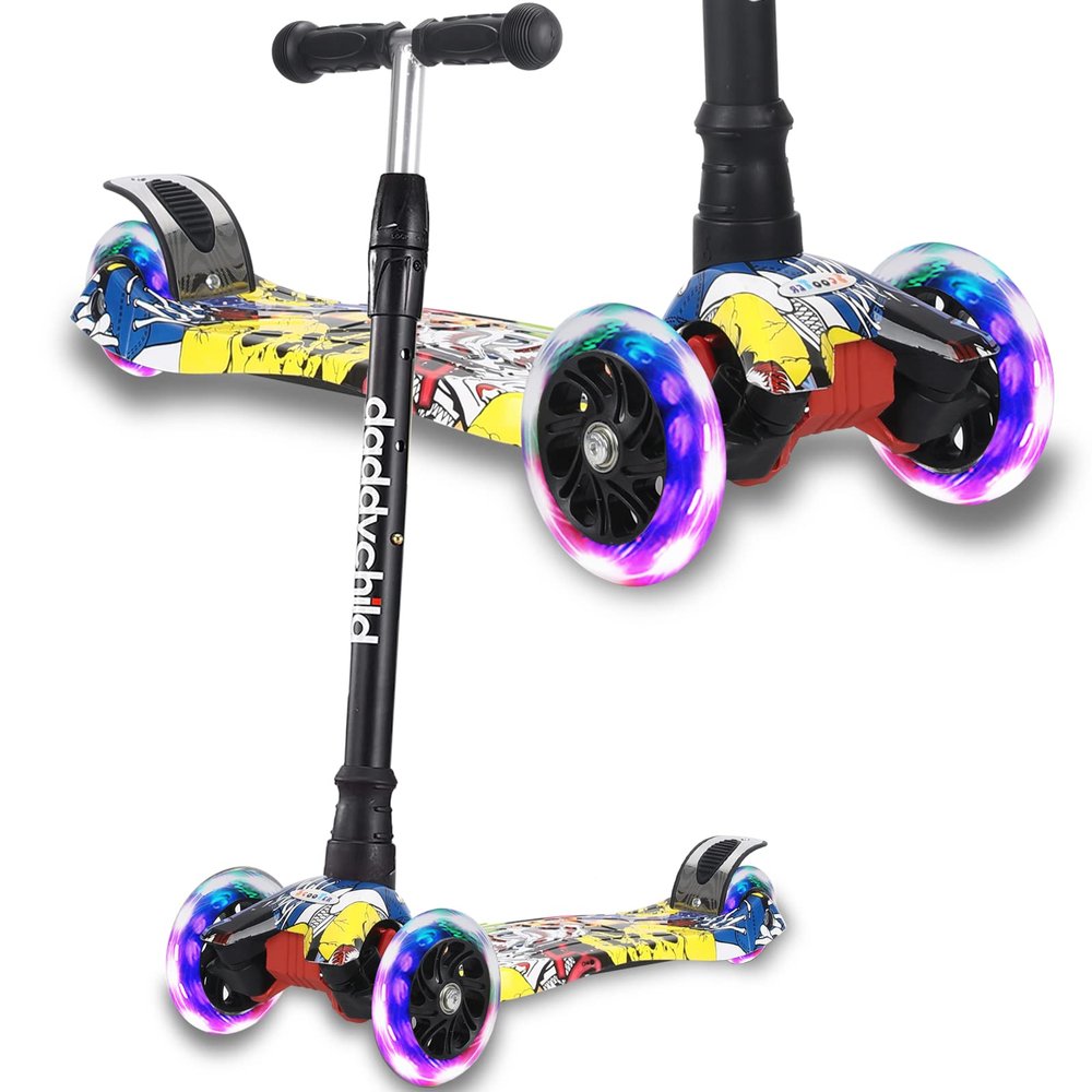 Scooters for Kids 3 Wheel Kick Scooter for Toddlers Girls & Boys, 4 Adjustable Height, Lean to Steer, Extra-Wide Deck, Light Up Wheels for Children from 3 to 14 Years Old (Pop Graffiti 2)
