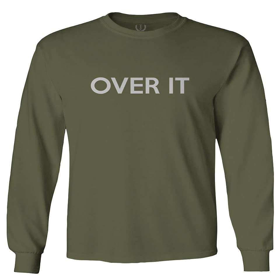 0378. Over it Funny Cool Graphic Printed Men's Long Sleeve t Shirt (Olive, Large)