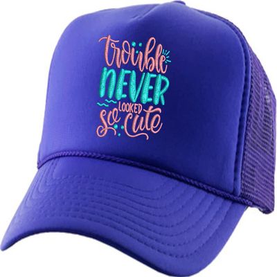 ALLNTRENDS Adult Trucker Hat Trouble Never Looked So Cute Pink Embroidered Vacation Baseball Cap Adjustable Summer Mesh Back (Purple)