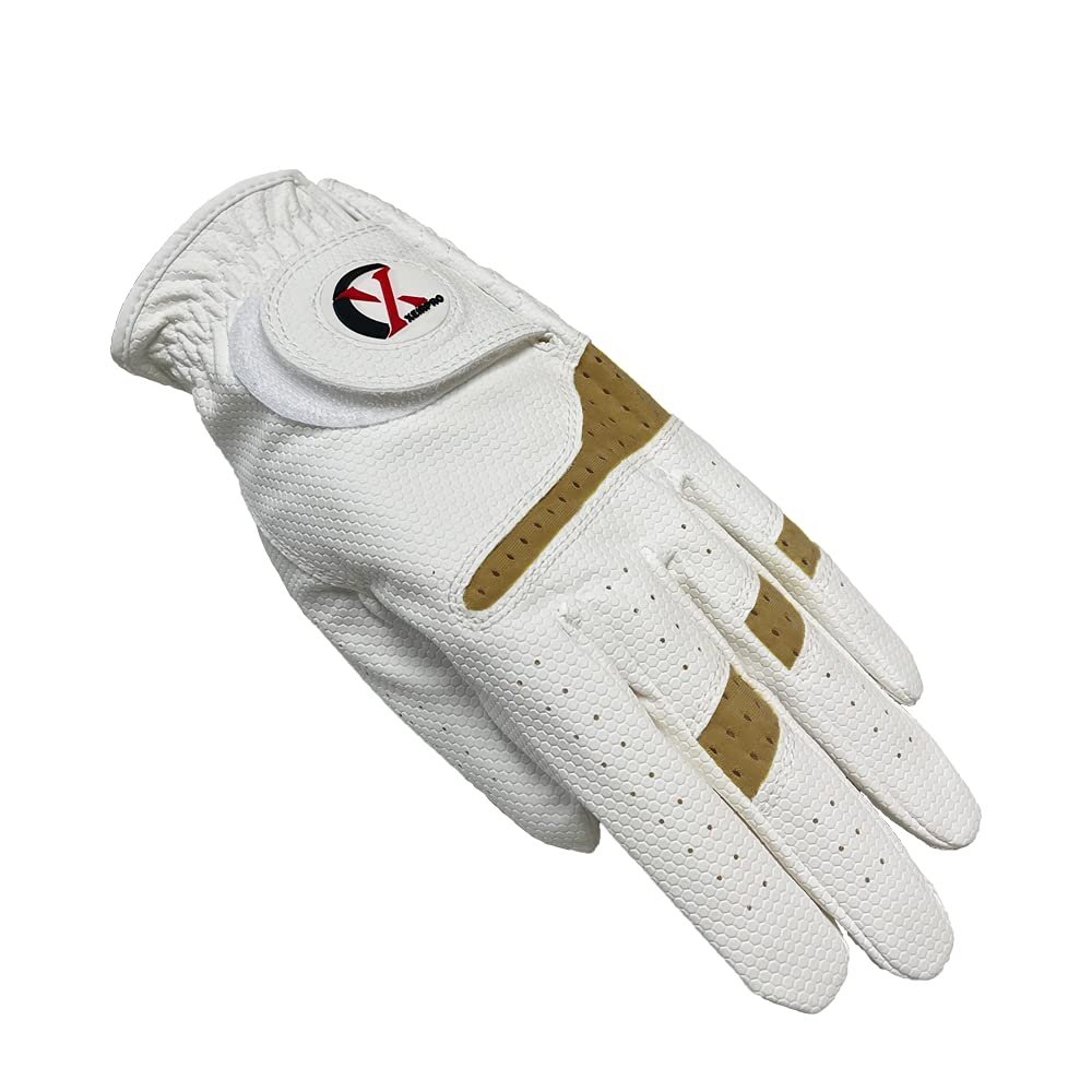 XEIRPRO Premium 4 Pack All Weather Golf Gloves for Women Worn On Right Handfor Left Handed Golfer - Comfort and Secure Fit Ultra Grip Leather Soft Flexibility (Large, White/Dark Beige)