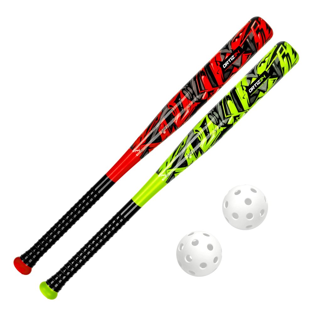 Ortiz34 Bat & Ball Set - Graffiti Plastic Bat & Ball Homerun Set- David Ortiz Backyard Baseball Set for Youth, Kids, Teenagers, Adults (2 Pack Bat & Ball Set, Red/Volt)