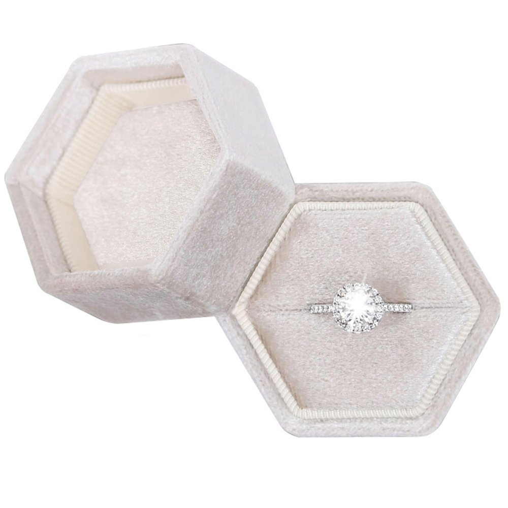 Hexagon Velvet Jewelry Single Slot Ring Box Engagement Wedding Box Keepsake Box Bridal Photo Ring (Beige)