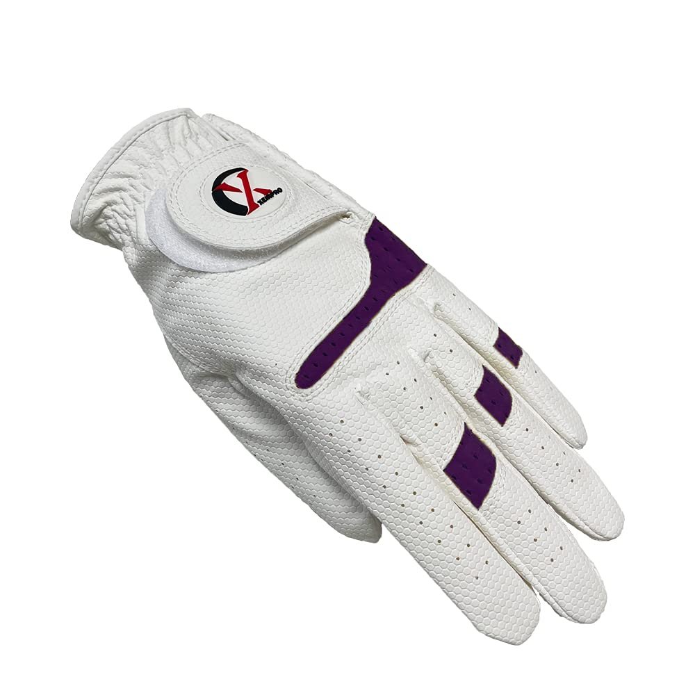 XEIRPRO Premium 4 Pack All Weather Golf Gloves for Women Worn On Left Hand for Right Handed Golfer- Comfort and Secure Fit Ultra Grip Leather Soft Flexibility (Small, White/Purple)