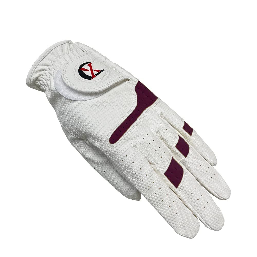 XEIRPRO Premium 4 Pack All Weather Golf Gloves for Women Worn On Left Handfor Right Handed Golfer - Comfort and Secure Fit Ultra Grip Leather Soft Flexibility (Large, White/Burgundy)