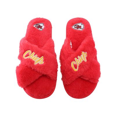 FOCO Women's NFL Team Logo Cross Band Soft Plush Furry Cozy Open Toe House Shoes Slippers, Kansas City Chiefs, X-Large 11-12