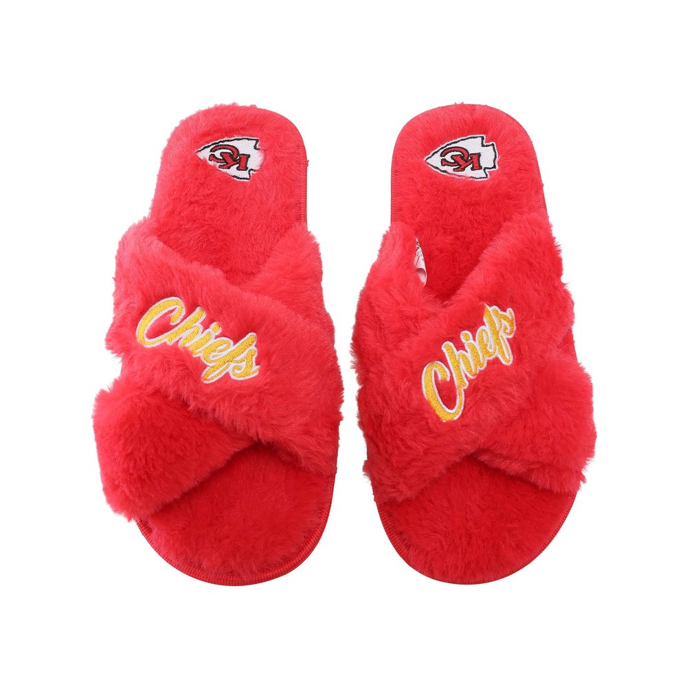FOCO Women's NFL Team Logo Cross Band Soft Plush Furry Cozy Open Toe House Shoes Slippers, Kansas City Chiefs, X-Large 11-12