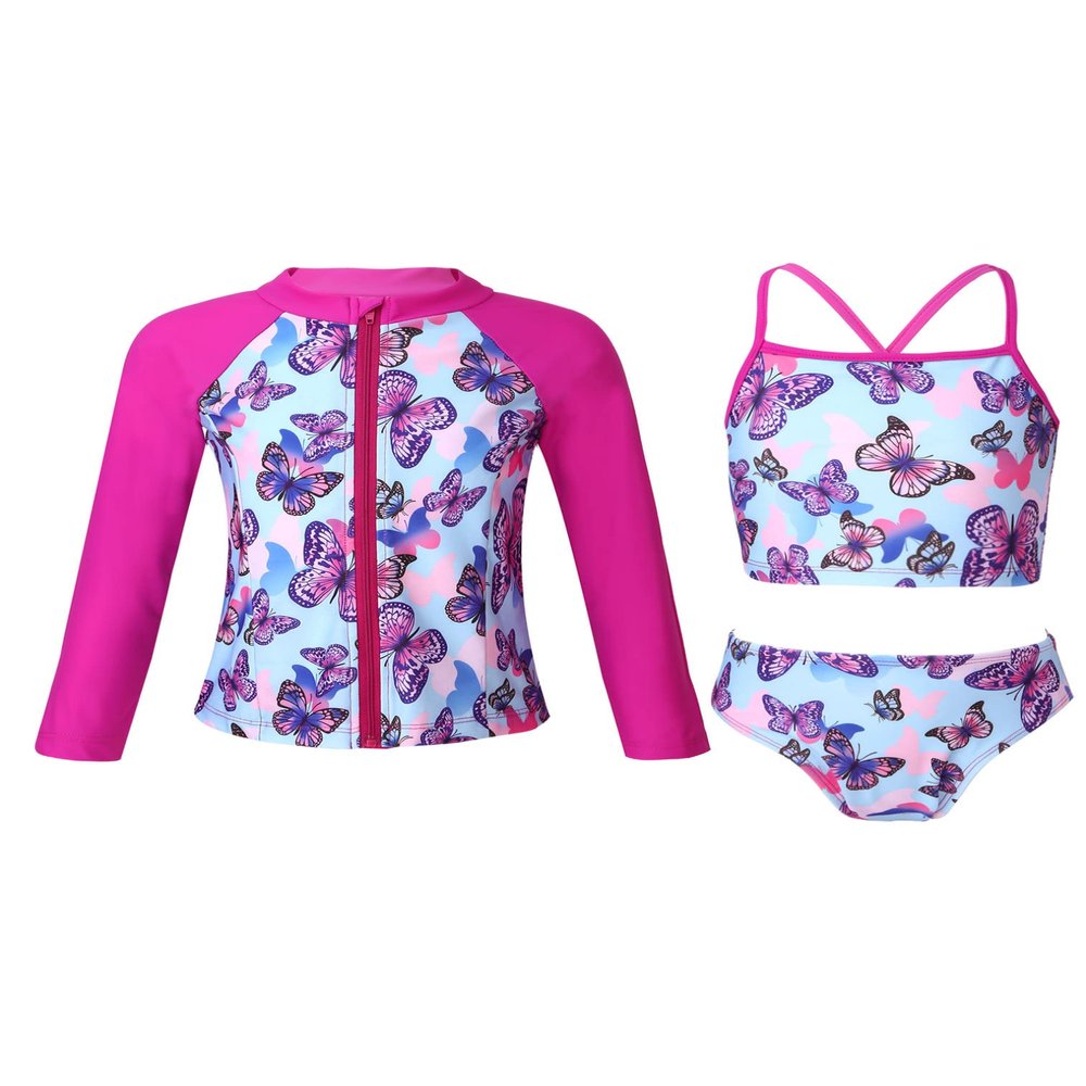 renvena Junior Girls Floral Swimsuit Sun Protection Shirt Wetsuit with Bikini Sets 3 Piece Swimwear Butterfly 16