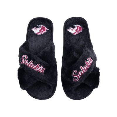 FOCO Women's NCAA College Team Logo Cross Band Soft Plush Furry Cozy Open Toe House Shoes Slippers, Southern Illinois Salukis, Large 9-10