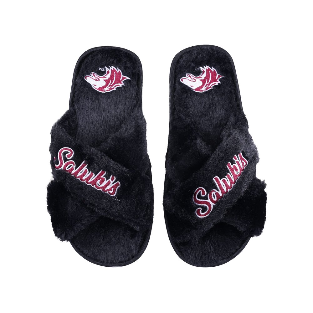 FOCO Women's NCAA College Team Logo Cross Band Soft Plush Furry Cozy Open Toe House Shoes Slippers, Southern Illinois Salukis, Large 9-10