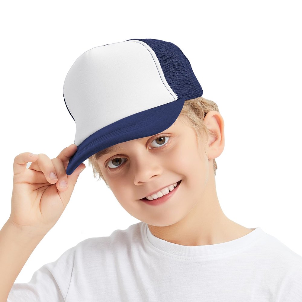 TopTie Kids 5 Panel Trucker Cap Mesh Snapback Hat Foam Front for Boys Girls Aged 3-7 Years Old-Navy/White