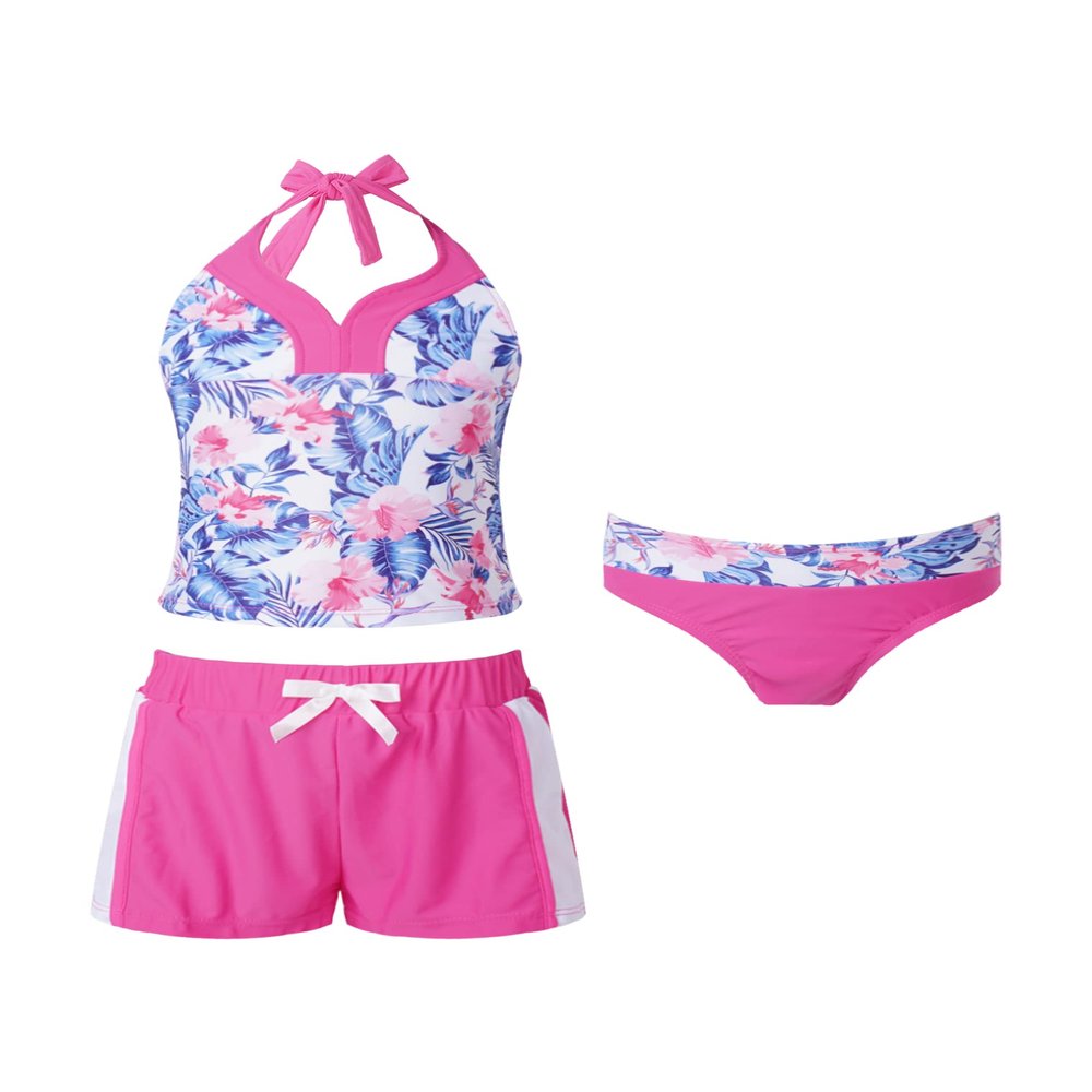renvena Girl 3Pcs Tankini Sets Halter Neck Tank Top Briefs Bowknot Shorts Bathing Suit Beachwear Swimsuit Pink 4