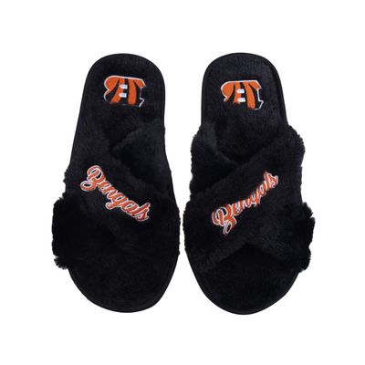 FOCO Women's NFL Team Logo Cross Band Soft Plush Furry Cozy Open Toe House Shoes Slippers, Cincinnati Bengals, Small 5-6