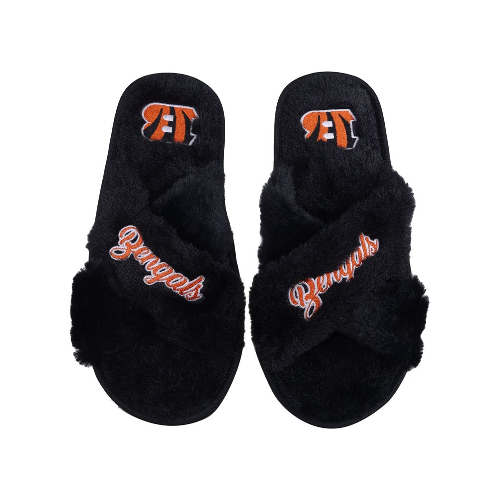 FOCO Women's NFL Team Logo Cross Band Soft Plush Furry Cozy Open Toe House Shoes Slippers, Cincinnati Bengals, Small 5-6